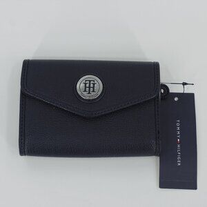 NWT Tommy‎ Hilfiger Navy Blue Trifold Wallet - Silver TH Medallion Logo